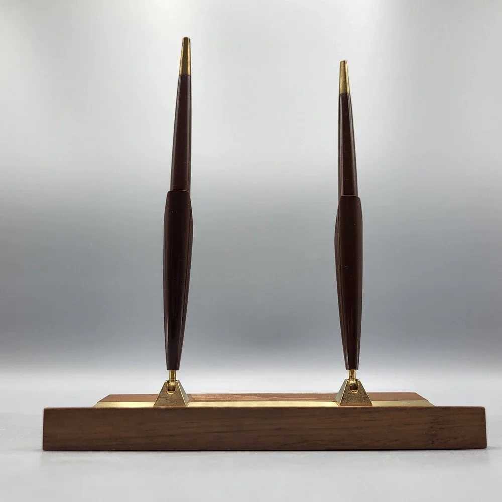 Vintage Double Pen Desk Set Wood Brass MCM Office Decor Brown